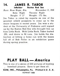 1988 1939 Play Ball Reprints #14 Jim Tabor Back