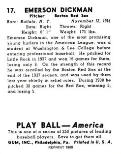 1988 1939 Play Ball Reprints #17 Emerson Dickman Back