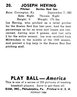 1988 1939 Play Ball Reprints #20 Joe Heving Back