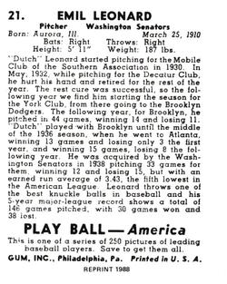 1988 1939 Play Ball Reprints #21 Dutch Leonard Back