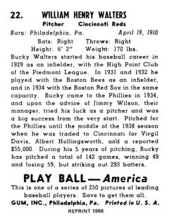 1988 1939 Play Ball Reprints #22 Bucky Walters Back