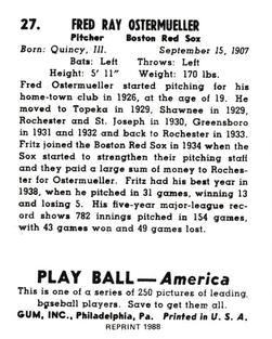 1988 1939 Play Ball Reprints #27 Fritz Ostermueller Back