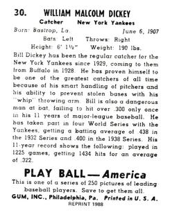 1988 1939 Play Ball Reprints #30 Bill Dickey Back