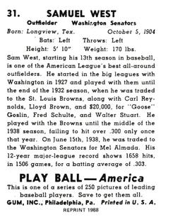 1988 1939 Play Ball Reprints #31 Sam West Back