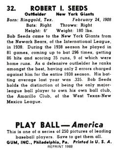 1988 1939 Play Ball Reprints #32 Bob Seeds Back