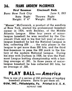 1988 1939 Play Ball Reprints #36 Frank McCormick Back