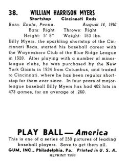 1988 1939 Play Ball Reprints #38 Bill Myers Back