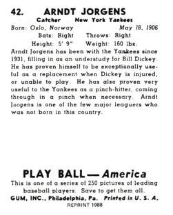 1988 1939 Play Ball Reprints #42 Art Jorgens Back