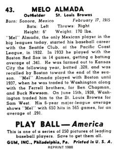 1988 1939 Play Ball Reprints #43 Mel Almada Back