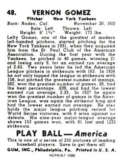 1988 1939 Play Ball Reprints #48 Lefty Gomez Back
