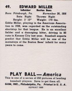 1988 1939 Play Ball Reprints #49 Eddie Miller Back