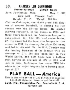 1988 1939 Play Ball Reprints #50 Charlie Gehringer Back