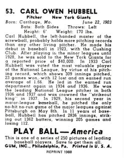 1988 1939 Play Ball Reprints #53 Carl Hubbell Back