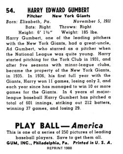 1988 1939 Play Ball Reprints #54 Harry Gumbert Back