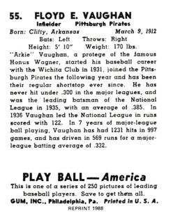 1988 1939 Play Ball Reprints #55 Arky Vaughan Back