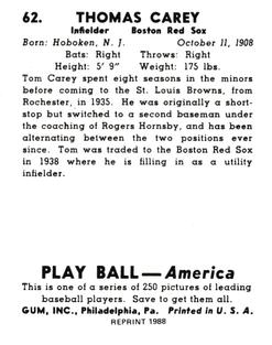 1988 1939 Play Ball Reprints #62 Tom Carey Back