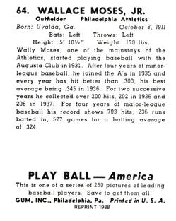 1988 1939 Play Ball Reprints #64 Wally Moses Back