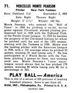 1988 1939 Play Ball Reprints #71 Monte Pearson Back