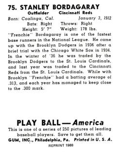 1988 1939 Play Ball Reprints #75 Stanley Bordagaray Back
