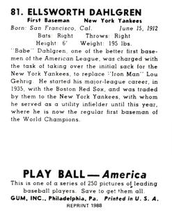 1988 1939 Play Ball Reprints #81 Babe Dahlgren Back