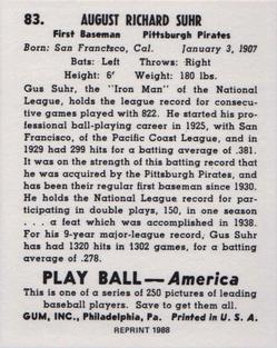 1988 1939 Play Ball Reprints #83 Gus Suhr Back