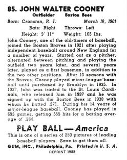 1988 1939 Play Ball Reprints #85 Johnny Cooney Back