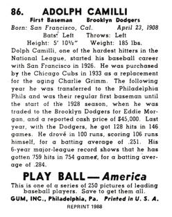 1988 1939 Play Ball Reprints #86 Dolph Camilli Back