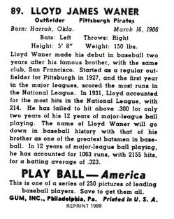 1988 1939 Play Ball Reprints #89 Lloyd Waner Back