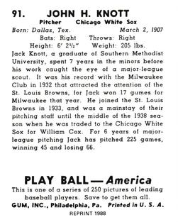 1988 1939 Play Ball Reprints #91 John Knott Back