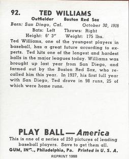 1988 1939 Play Ball Reprints #92 Ted Williams Back
