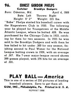 1988 1939 Play Ball Reprints #96 Babe Phelps Back