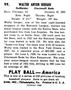 1988 1939 Play Ball Reprints #99 Wally Berger Back