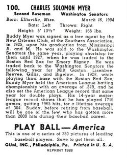 1988 1939 Play Ball Reprints #100 Buddy Myer Back