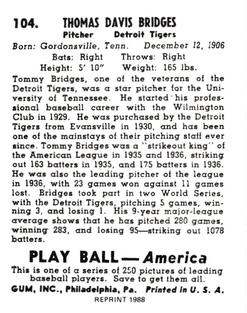 1988 1939 Play Ball Reprints #104 Tommy Bridges Back