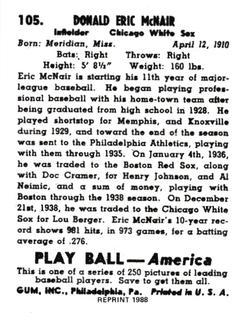 1988 1939 Play Ball Reprints #105 Eric McNair Back
