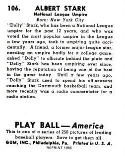 1988 1939 Play Ball Reprints #106 Albert Stark Back