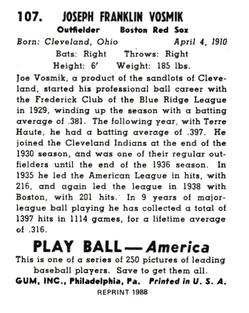 1988 1939 Play Ball Reprints #107 Joe Vosmik Back