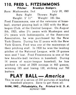 1988 1939 Play Ball Reprints #110 Freddie Fitzsimmons Back