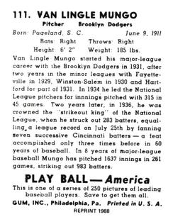 1988 1939 Play Ball Reprints #111 Van Mungo Back