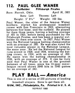 1988 1939 Play Ball Reprints #112 Paul Waner Back