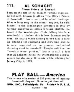 1988 1939 Play Ball Reprints #113 Al Schacht Back