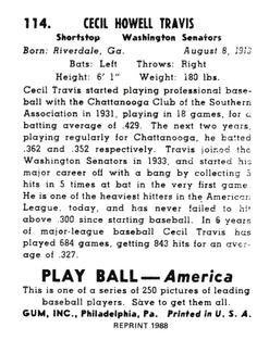 1988 1939 Play Ball Reprints #114 Cecil Travis Back
