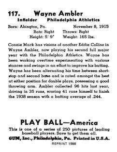 1988 1939 Play Ball Reprints #117 Wayne Ambler Back