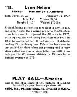 1988 1939 Play Ball Reprints #118 Lynn Nelson Back