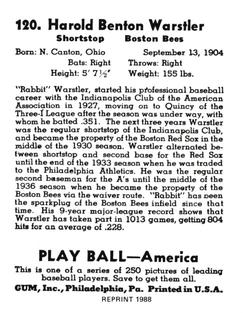 1988 1939 Play Ball Reprints #120 Rabbit Warstler Back