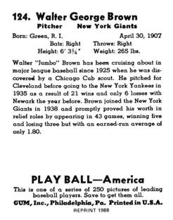 1988 1939 Play Ball Reprints #124 Walter Brown Back