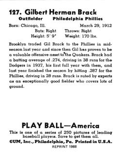 1988 1939 Play Ball Reprints #127 Gilbert Brack Back