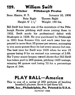 1988 1939 Play Ball Reprints #129 Bill Swift Back