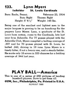 1988 1939 Play Ball Reprints #133 Lynn Myers Back