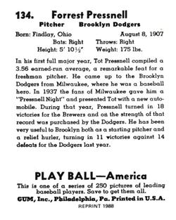 1988 1939 Play Ball Reprints #134 Tot Pressnell Back